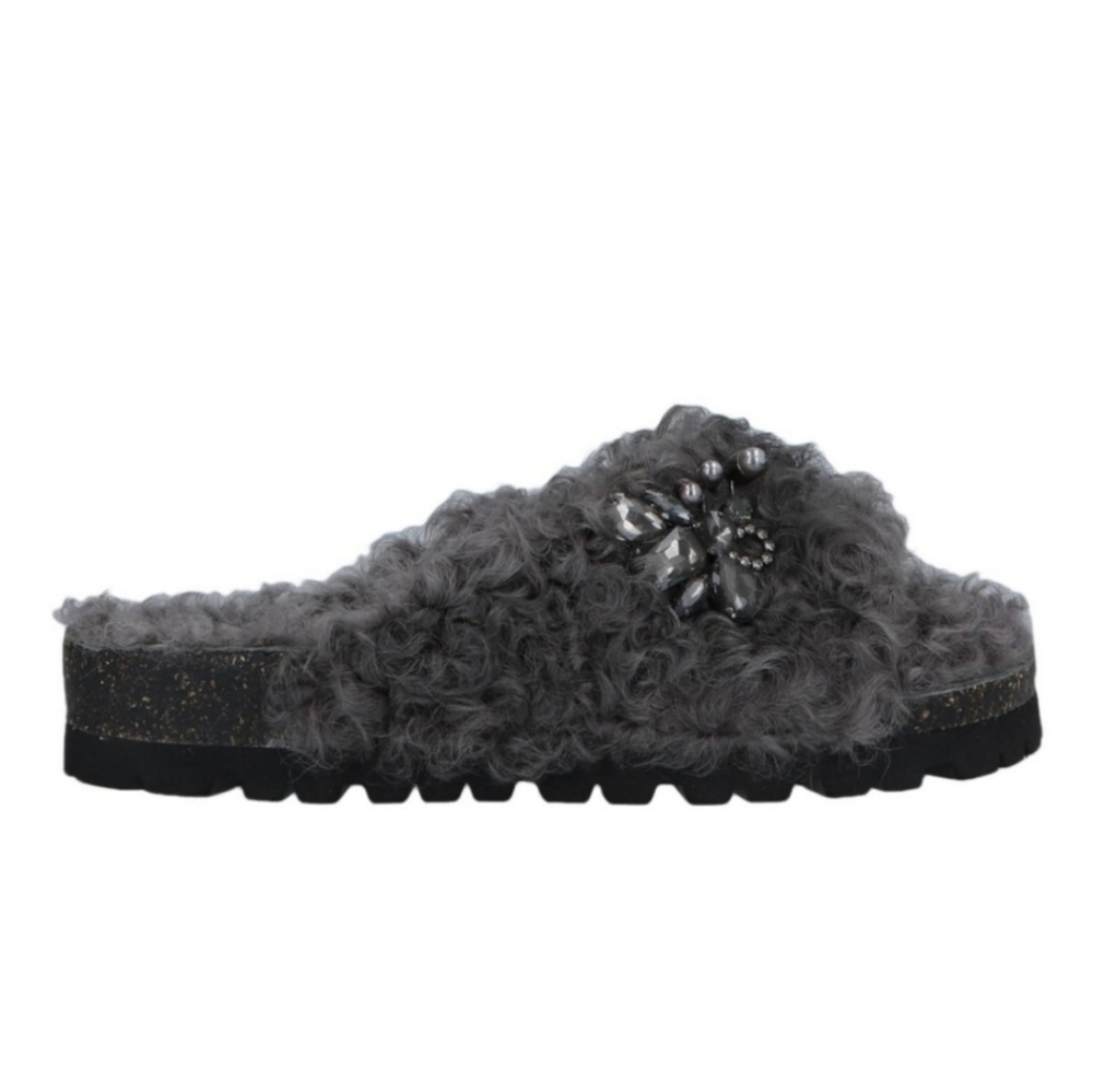 Movie's Shearling Rhinestone Brooch Flat Cozy Sandals Gray Size 8